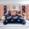 9-Piece Navy & Coral Floral Bedding & Curtain Set (Queen/King/Cal King) - Quilted Microfiber Bedspread + Sheer Curtains